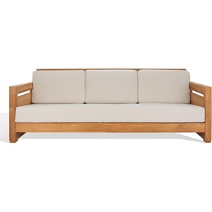 image:imageSAFAVIEH Couture Outdoor  Guadeloupe 3Seat Sofa  Brown amp White  Brazilian Teak Wood  Slatted Design with Removable Cushion  Ideal for Patio Deck Porch Backyard 16 Seat Height CPT1008A