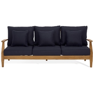image:imageSAFAVIEH Couture Outdoor  Martinique 3Seat Sofa  Natural amp Dark Brown  Solid Wood  Slatted Coastal Design  Ideal for Patio Deck Porch Backyard 183 Seat Height CPT1013GNatural TeakNavy