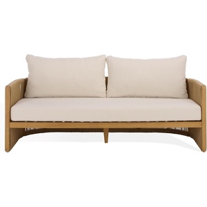 image:imageSAFAVIEH Couture Outdoor Patio Furniture Collection  Gale Natural amp Beige Teak amp Hyacinth Sofa Curved RopeWrapped Frame with Plush AllWeather Cushions CPT2014ANaturalBeige