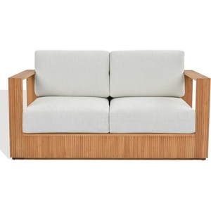 image:imageSAFAVIEH Couture Outdoor Patio Furniture Collection  Saint Lucia Natural Teak Wood Patio Loveseat with White Cushions Reeded Outdoor Loveseat CPT1073ANaturalWhite