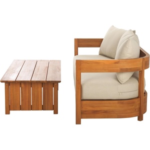 image:imageSAFAVIEH Outdoor  Kento 3Seat Sofa  Natural amp Taupe  Solid Wood with Cushion  Modern Slatted RoundFrame Design  Ideal for Patio Deck Porch Backyard 16 Seat Height PAT7098ANaturalTaupe