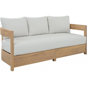 image:imageSAFAVIEH Outdoor  Kento 3Seat Sofa  Natural amp Taupe  Solid Wood with Cushion  Modern Slatted RoundFrame Design  Ideal for Patio Deck Porch Backyard 16 Seat Height PAT7098AOakIvory