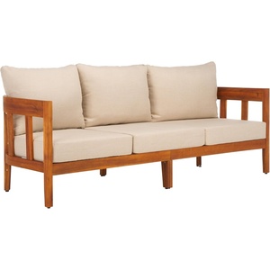 image:imageSAFAVIEH Outdoor  Owen 3Seat Sofa  Natural amp Taupe  Solid Wood with Cushion  MidCentury Coastal Slatted Design  Ideal for Patio Deck Porch Backyard 15 Seat Height PAT7091ANaturalTaupe