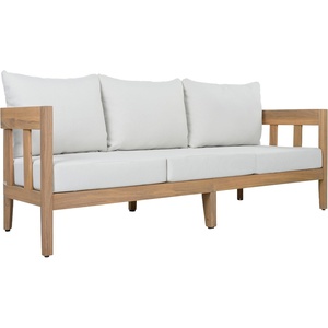 image:imageSAFAVIEH Outdoor  Owen 3Seat Sofa  Natural amp Taupe  Solid Wood with Cushion  MidCentury Coastal Slatted Design  Ideal for Patio Deck Porch Backyard 15 Seat Height PAT7091AOakIvory