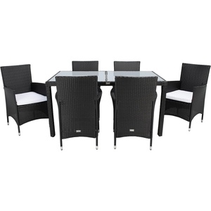 image:imageSAFAVIEH Outdoor Collection Ashwin NaturalWhite Cushion Faux Rattan Dining SetBlack  White