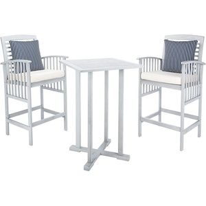 image:imageSAFAVIEH Outdoor Collection Pate Grey Wash White Cushions Blue Pillows 3Piece Bar Table Bistro SetGrey  Beige  Thin Stripe P