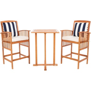 image:imageSAFAVIEH Outdoor Collection Pate Grey Wash White Cushions Blue Pillows 3Piece Bar Table Bistro SetNatural  Beige  Thick Stripe P