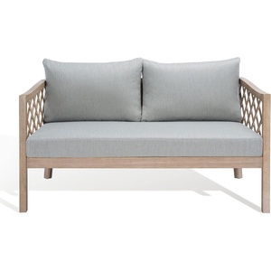 image:imageSAFAVIEH Outdoor Couture Collection Fiji Dark Brown Solid WoodBeige Cushion Trellis Pattern Patio Sofa CPT1037A