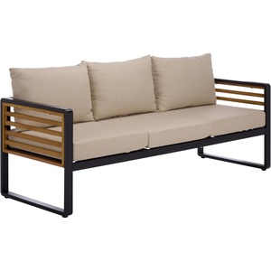 image:imageSAFAVIEH Outdoor Patio Furniture Collection  Baker 3 Seater Sofa Black amp Taupe Steel Frame with Acacia Wood Accents Cushioned Modern Patio Sofa for Garden Deck or Backyard PAT7756ABlackTaupe