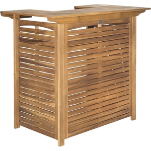 image:imageSAFAVIEH Outdoor  Monterey Natural Brown Acacia Wood Bar Table Slatted Outdoor Bar Table with Storage Shelves Patio Entertaining Station PAT7011ANatural