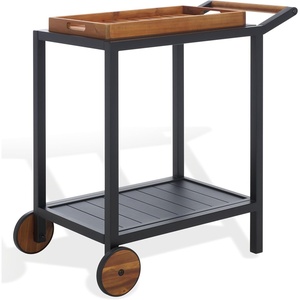 image:imageSAFAVIEH Outdoor Couture Patio Furniture Tonga Black Aluminum amp Natural Brown Solid Wood Removable Tray Top Bar CartBlackNatural