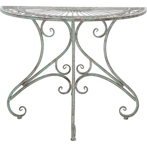 image:imageSAFAVIEH Outdoor  Annalise HalfMoon Accent Table  Antique White Iron Metal  Vintage Baroque Scrollwork  Ideal for Patio Deck Porch Garden 355 W x 185 D x 29 H PAT5008AAntique Dark Green