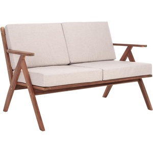 image:imageSAFAVIEH Outdoor Collection Dryad MidCentury Modern NaturalLight Grey Solid Wood Bench with Cushion Ideal for Deck Patio Garden Backyard Sunroom