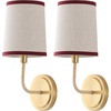image:imageSAFAVIEH Lighting Collection  Carter Set of 2 Wall Sconces Brass Gold Metal with Oatmeal Fabric Shade amp Red Trim Modern Classic Accent Lighting SCN4151ASET2BrassRed