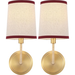 image:imageSAFAVIEH Lighting Collection  Carter Set of 2 Wall Sconces Brass Gold Metal with Oatmeal Fabric Shade amp Red Trim Modern Classic Accent Lighting SCN4151ASET2BrassRed