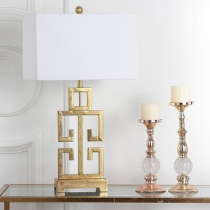 image:imageSAFAVIEH Lighting Collection  Greek Key Table Lamp  Antique Gold Metal Base with White Fabric Shade LED Bulb Included 29Inch Bedroom Living Room Desk Lamps LITS4305A