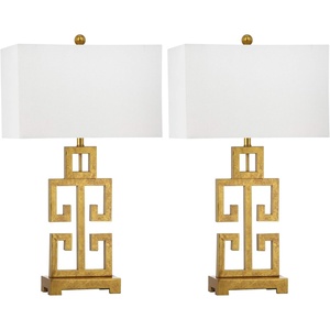 image:imageSAFAVIEH Lighting Collection  Greek Key Table Lamp Set of 2  Antique Gold Metal Base with White Fabric Shade LED Bulbs Included 29Inch Bedroom Living Room Desk Lamps LIT4305ASET2Antique Gold  Set of 2