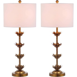 image:imageSAFAVIEH Lighting Collection  Set of 2 Lani Antique Gold Leaf 32Inch Table Lamps White Drum Shade LED Bulbs Included Bedroom Living Room Home Office TBL4016ASET2Antiqued Gold White Linen Shade