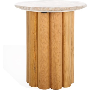 image:imageSAFAVIEH Couture Collection  Roxiella Natural Brown Solid Wood amp Round Marble Top Accent Table Pedestal Design Sculptural Modern Side Table SFV9732ABrownNatural