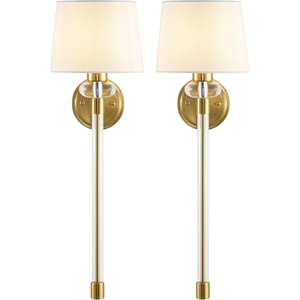 image:imageSAFAVIEH Lighting  Athene 26Inch Wall Sconce Set of 2  Brass amp Clear Acrylic  Modern Tall SingleArm Design  Ideal for Hallway Bedroom Bathroom  LED Bulbs Included SCN4117ASET2