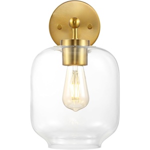 image:imageSAFAVIEH Lighting Collection Edie BlackClear Glass Shade Wall Sconce Set of 2 Light Fixture Ideal for Bathroom Entryway Vanity Foyer Hallway Living Room LED Bulbs IncludedBrass