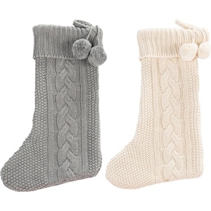 image:imageSafavieh Home Collection Nutmeg GreyWhite 19inch Hanging Knit PomPom Holiday Christmas Stocking Set of 2Grey  White