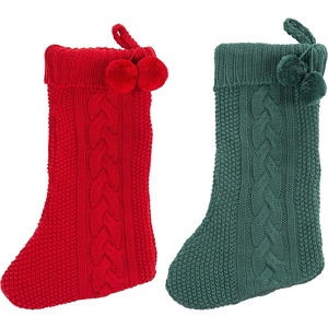 image:imageSafavieh Home Collection Nutmeg GreyWhite 19inch Hanging Knit PomPom Holiday Christmas Stocking Set of 2Red  Green