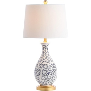 image:imageSAFAVIEH Lighting  Avi 275Inch Table Lamp Set of 2  Blue amp White  Ceramic  Transitional Scroll Design  Ideal for Living Room Bedroom  LED Bulbs Included TBL4148ASET2
