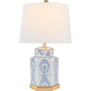 image:imageSAFAVIEH Lighting Collection  Bodin Set of 2 Blue amp White Ceramic Table Lamps with Gold Leaf Accents 23Inch Bedroom or Living Room Lamps LED Bulbs Included TBL4150ASET2