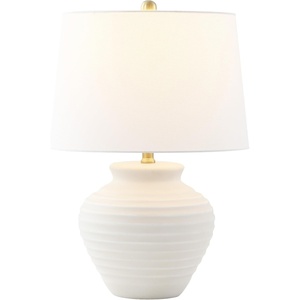 image:imageSAFAVIEH Lighting Collection  Ledger Rustic Farmhouse Light Grey Ceramic Table Lamp with White Drum Shade 23Inch Bedroom or Living Room Lamp LED Bulb Included TBL4352ABone