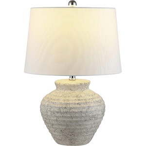image:imageSAFAVIEH Lighting Collection  Ledger Rustic Farmhouse Light Grey Ceramic Table Lamp with White Drum Shade 23Inch Bedroom or Living Room Lamp LED Bulb Included TBL4352ALight Gray