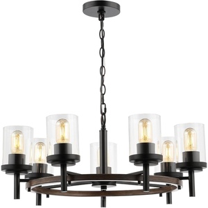 image:imageSAFAVIEH Lighting Collection Vancouver Modern BlackBrown 7Light Round Wagon Wheel Hanging Adjustable Chandelier Light Fixture LED Bulbs Included