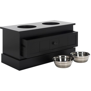 image:imageSAFAVIEH Home Collection Boomer Natural Brown Elevated Pet Feeder Dog Bowl Stand with Drawer Fully AssembledMatt Black