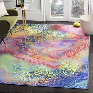 image:imageSAFAVIEH Washable Rug Paint Brush Collection  67 x 9 Blue amp Coral Slip Resistant amp Easy to Clean Ideal for Living Room Bedroom Nursery Kids Playroom Dining Space PTB119BBlueCoral