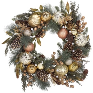 image:imageSAFAVIEH Home Collection  28 Faux Needle Pine Wreath with Gold Accents Ornaments amp Pinecones FXP1033AGreenGold