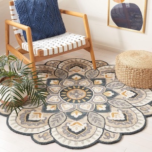 image:imageSAFAVIEH Novelty Collection Area Rug  6 Round Ivory amp Blue Handmade Boho Floral Rustic Country Wool Ideal for High Traffic Areas in Living Room Bedroom NOV604MBeigeNavy