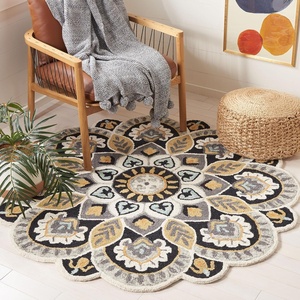image:imageSAFAVIEH Novelty Collection Area Rug  6 Round Ivory amp Blue Handmade Boho Floral Rustic Country Wool Ideal for High Traffic Areas in Living Room Bedroom NOV604MIvoryBlack
