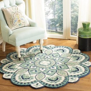 image:imageSAFAVIEH Novelty Collection Area Rug  6 Round Ivory amp Blue Handmade Boho Floral Rustic Country Wool Ideal for High Traffic Areas in Living Room Bedroom NOV604MIvoryBlue