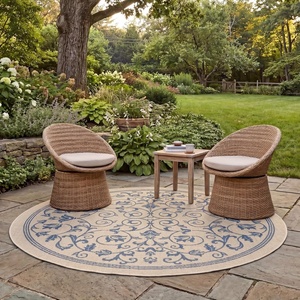 image:imageSAFAVIEH Washable Rug Outdoor Courtyard Collection  53 Round Natural amp Blue NonShedding amp Easy Cleaning Ideal for Patio Backyard Mudroom CY20983101