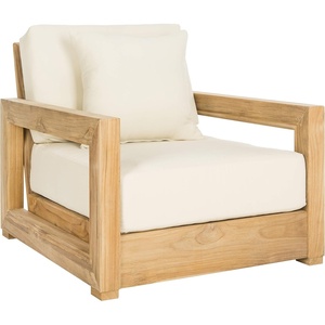 image:imageSAFAVIEH Couture  Montford Brazilian Teak Solid Wood IndoorOutdoor Arm Chair Brown Cushion Low Profile Lounge Chair 13 Seat Height Patio Furniture CPT1000CBeige