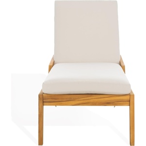 image:imageSAFAVIEH Couture Outdoor Collection Caledonia NaturalWhite Cushion Solid Teak Wood Chaise Lounge Chair
