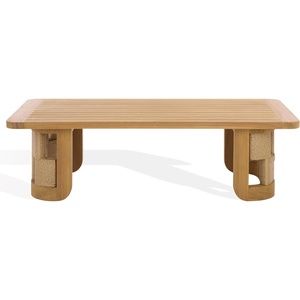 image:imageSAFAVIEH Couture Outdoor Patio Furniture Collection  Skipper Teak Solid Wood Slatted Rectangular Coffee Table Modern WovenDetail Base Design CPT2009Natural