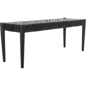 image:imageSAFAVIEH Home Collection Bandelier Black Teak Wood Black Leather Weave Entryway Foyer Dining BenchBlack  Black