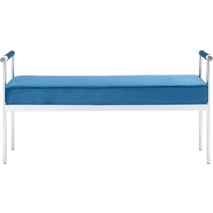 image:imageSAFAVIEH Home Collection PIM Shale VelvetChrome Long Rectangle Living Room Bedroom Entryway Foyer Office Hallway Upholstered Bench with ArmsNavy  Chrome