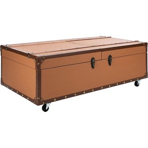 image:imageSAFAVIEH Home Collection Zoe Cognac Brown Faux Leather Storage Trunk Wine Rack Coffee Table with Caster Wheels Fully Assembled