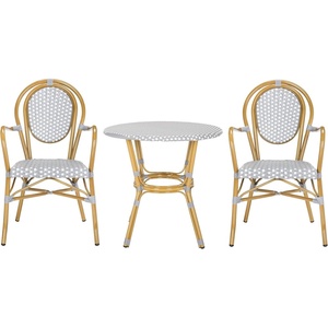 image:imageSAFAVIEH Outdoor  Rosen Sidford 3 Piece Bistro Set  Grey amp White Faux Wicker amp Aluminum Frame  Coastal Design  Ideal for Patio Deck Sunroom Dining Area PAT9502BKIT2GreyWhite