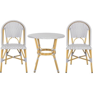 image:imageSAFAVIEH Outdoor  Salcha California 3 Piece Bistro Set  Navy amp White Faux Wicker amp Aluminum Frame  Coastal Design  Ideal for Patio Deck Sunroom Dining Area PAT9500AKIT2GreyWhite