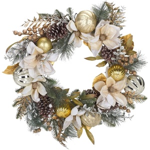 image:imageSAFAVIEH Home Collection  28 Faux Needle Pine Wreath with White Poinsettias amp Gold Accents FXP1034AGreenGold