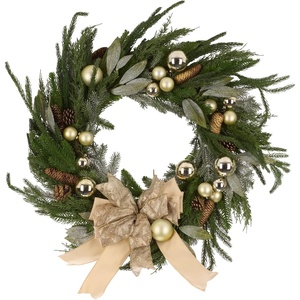 image:imageSAFAVIEH Home Collection  28Inch Faux Pine Needle Christmas Wreath with Gold Ornaments Ribbon amp Pinecones Holiday Door Decor FXP1100AMulticolor