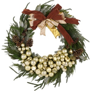 image:imageSAFAVIEH Home Collection  34Inch Faux Pine Needle Christmas Wreath with Gold Ornaments Ribbon amp Pinecones Holiday Door Decor FXP1099AMulticolor